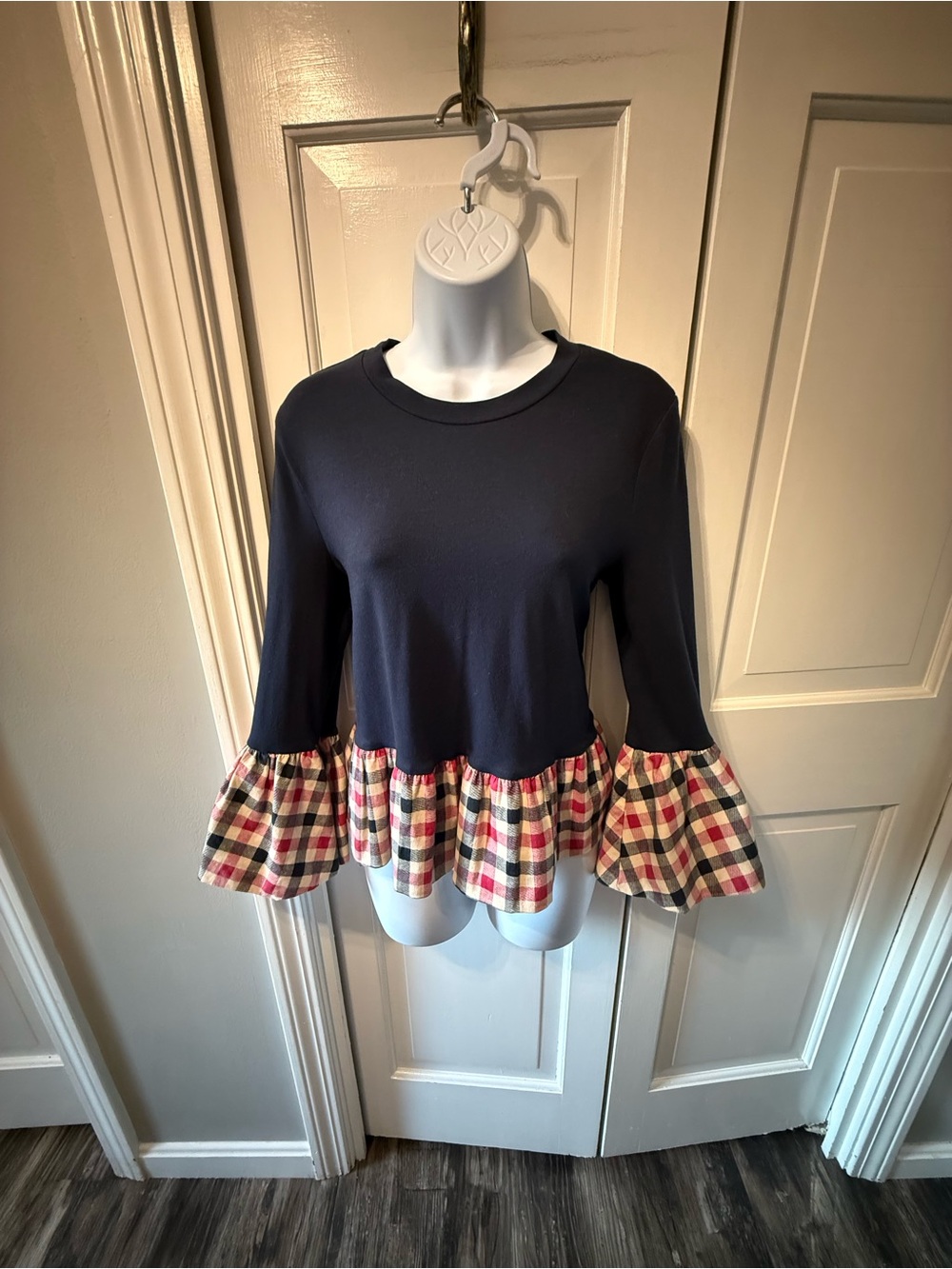 Women’s English Factory Navy Peplum Top with Plaid Ruffle Hem